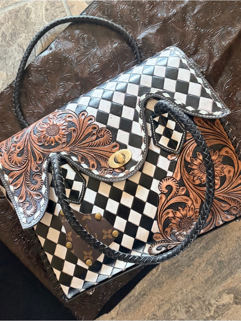 Hand Crafted Black & White Checkered Satchel with Brown Floral Tooled Accents - Picture 8 of 8